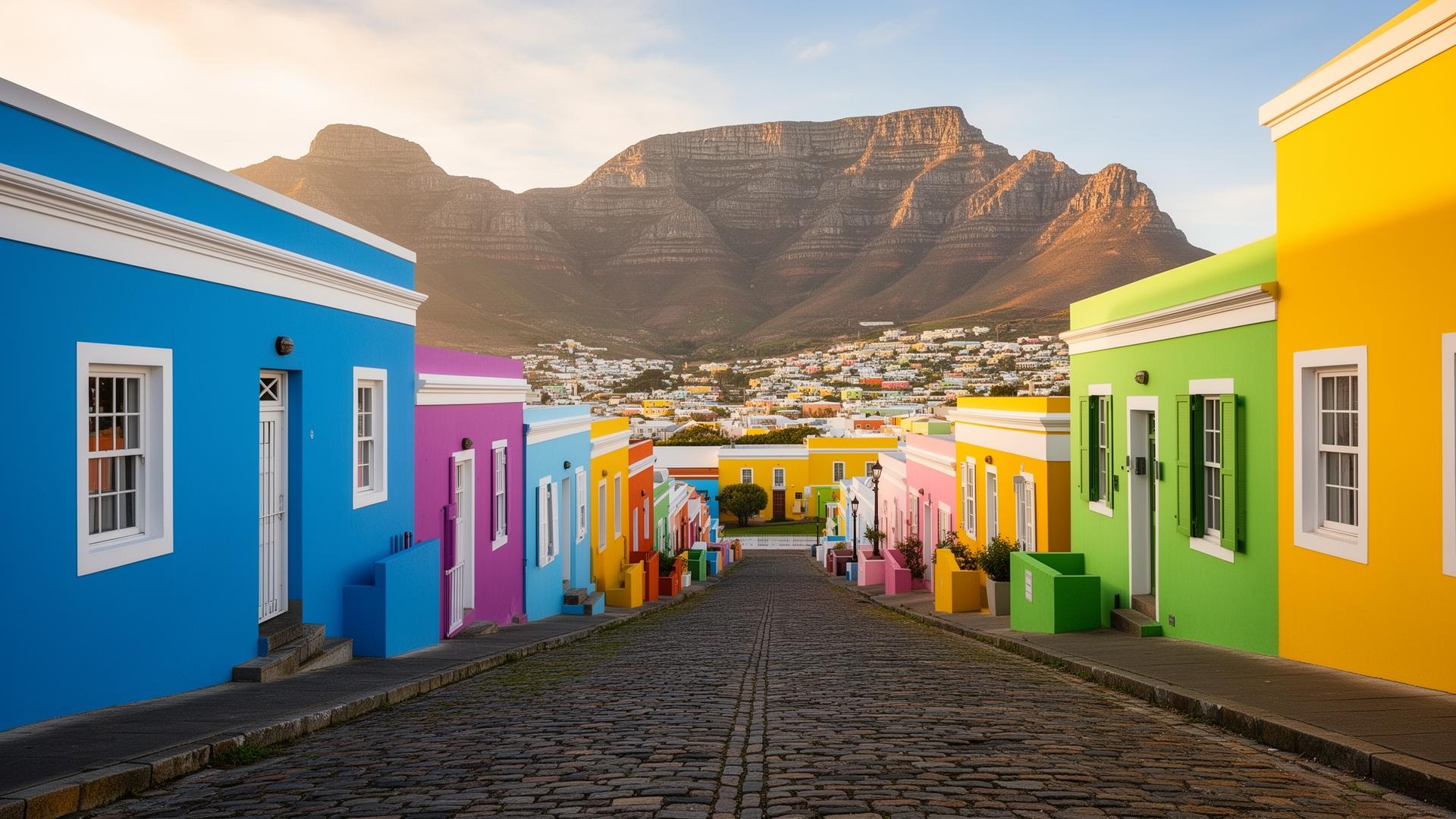Colorful Bo-Kaap streets in Cape Town with Table Mountain