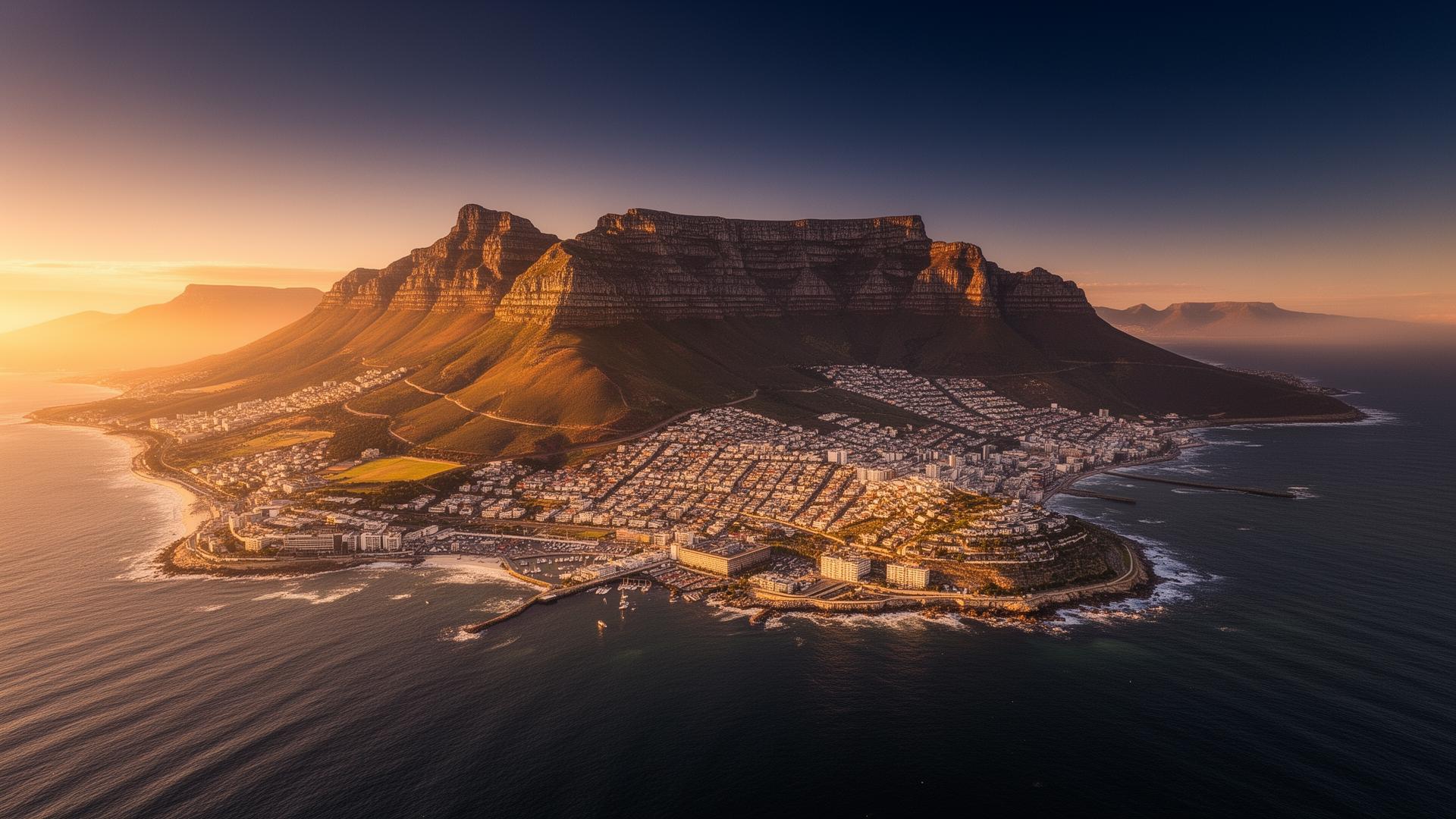 Aerial view of Cape Town and Table Mountain at golden hour